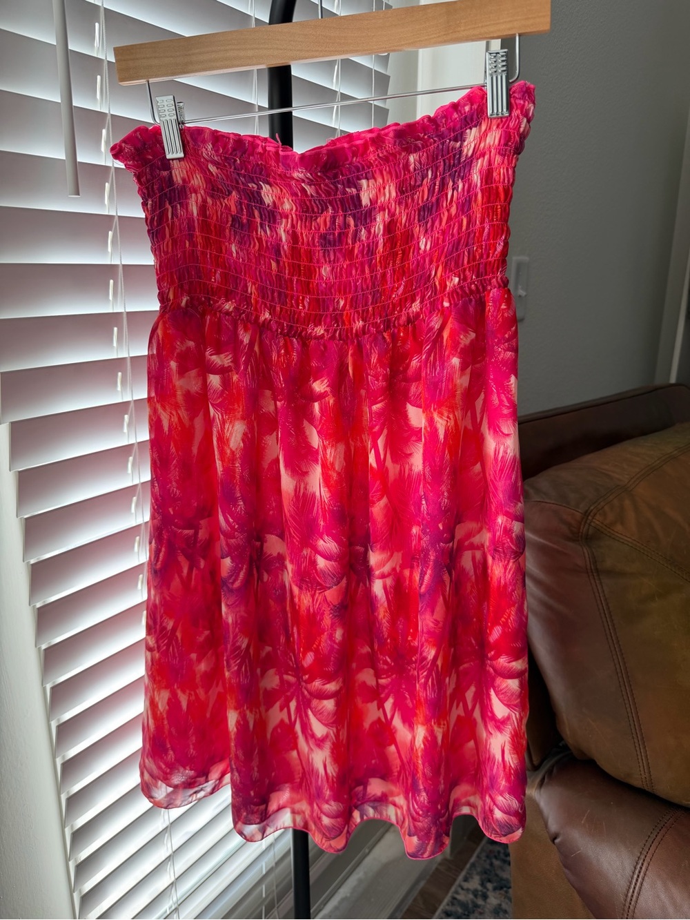 OP Strapless Smocked Tube Dress Cover Up Pink Tropical Palm Print XS S M